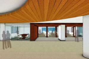 This artist's rendition from Shipley Bulfinch shows the new glass doors between Rastall and the Perkins Lounge area.
