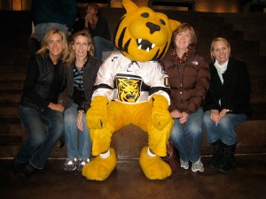 Friends from the Class of ’89 gathered for a reunion in October 2009; from left, Kendra Egge Wilde, Dana Nogg Kiper, Prowler (a member of every class), Annie Tschida Longnecker, and Debbie Knowlton Hodge.