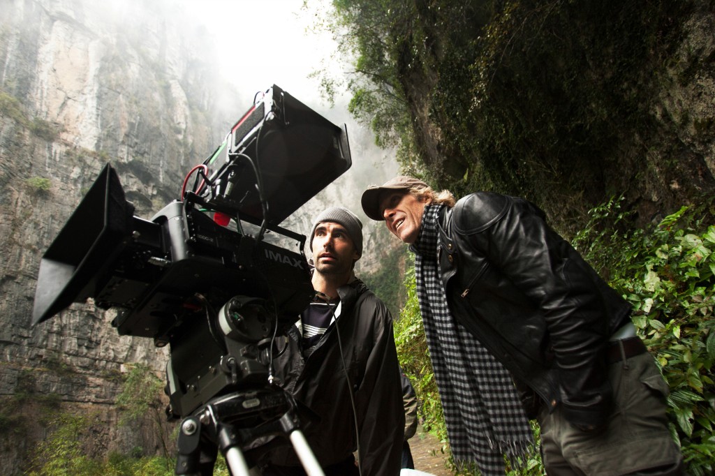 Director Michael Bay looking at the setup of a shot in Transformers: Age of Extinction that utilizes the new IMAX 3D camera. 