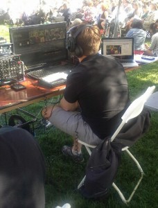 Dave McCann monitors the  streaming feed (on the left is the switcher and on the right is what is actually being seen).