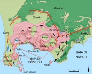 Geological map of the Campi Flegrei, or Phlegrean Fields, an active volcanic region forming the western Bay of Naples. Image credit: www.meteoweb.eu/2013/05/.  An enormous eruption from this site occurred 35,000 years ago: an estimated 80 cubic km of ash was erupted, to form the Campanian Tuff. The width of the caldera, marked by arcuate red line symbols, is ~13 km.  Monte Somma-Vesuvio lies just to the east.