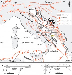 Tectonic map of Italy, showing active faults and volcanic centers. Billi et al., 2007, Geosphere, doi: 10.1130/GES00057.1.