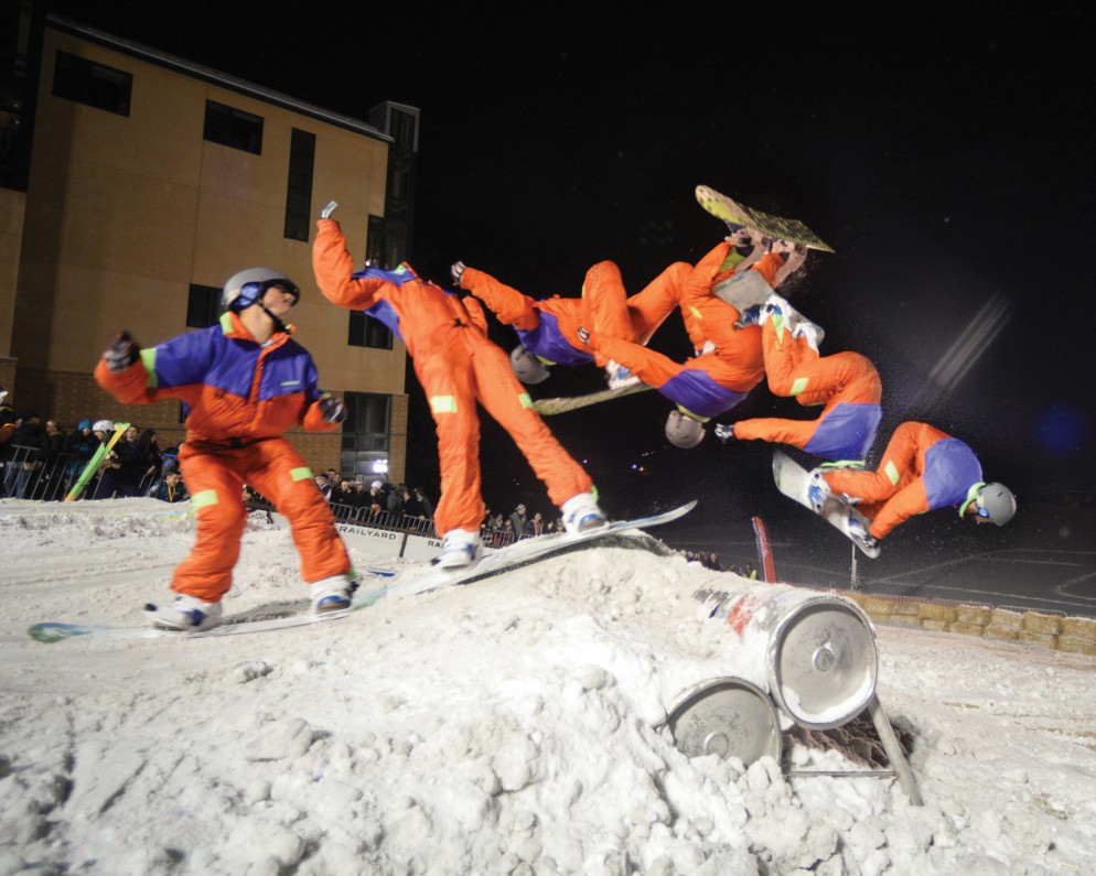 This action-sequence photo shows a CC student enjoying Rail Jam, an annual event featuring CC snowboarders and skiers performing their best tricks on rails and jumps near McHugh Alumni Plaza.