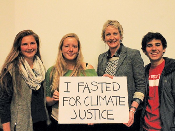 Char Cadown ’16, Erica Jamieson ’17, and Jarod Rutledge ’17 as they fasted for the Philippines in December. The daylong event in Bemis Hall was intended to draw attention to the typhoon devastation in the Philippines and global climate change.