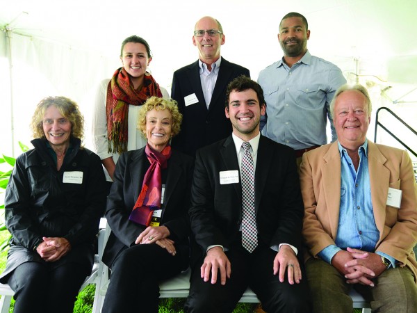 Front row, from left: Alumni Association Board members Susan Burgamy ’66 (President’s Circle) and Chris Moon Schluter ’65, Jacob Kirksey ’15, and board member Jeff Haney ’76. Back row, from left: Emma Whitehead ’16, and board members Les Goss ’72 and Tony Rosendo ’02.