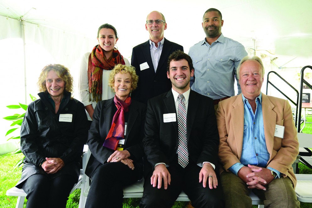 Front row, from left: Alumni Association Board members Susan Burgamy ’66 (President’s Circle) and Chris Moon Schluter ’65, Jacob Kirksey ’15, and board member Jeff Haney ’76. Back row, from left: Emma Whitehead ’16, and board members Les Goss ’72 and Tony Rosendo ’02.