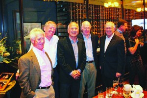Several Sigma Chi fraternity brothers gathered to celebrate Bob and Suzanne Hull’s 40th anniversary in November in San Francisco. From left: Tim Reuling ’71, Bruce Henderson ’72, Bob Hull ’72, Jim Ashley ’71, and Steve Garman ’72. Meg Henderson ’72 and Barb Ashley ’73 also attended.