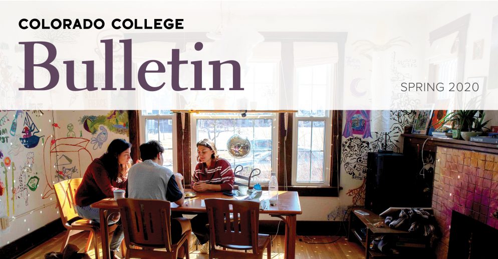 Colorado College Bulletin masthead showing students in Synergy House, a living community for students who want to work toward environmental sustainability