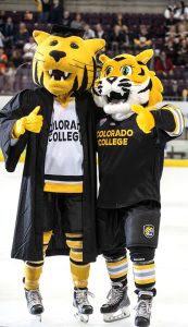 Long-time CC mascot Prowler (left) graduated in May 2020, passing along the gig to new mascot RoCCy.