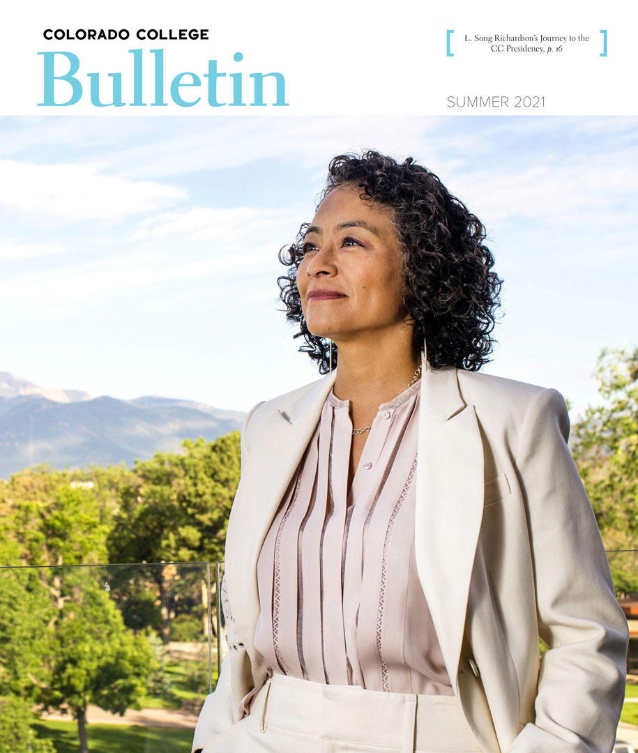 Colorado College Bulletin cover image of President L. Song Richardson gazing upwards to the left
