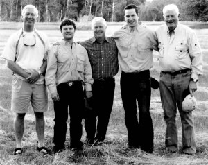 Colorado College alumni attended a “Fish and Chip” event at the Hole in the Wall Ranch in Johnson County, Wyo, in June. Enjoying a weekend of fishing, cowboy golf, and presentations and discussions about alternative energy are, from left, Ted Morton ’71, Court Wold ’06, Jack Wold ’75, P’06, Jonathon Alegranti, and Van Skilling ’55.