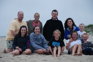 Three members of the Class of ’88 reunited in Nantucket, Mass., in August 2009, and participated in a local beach reclamation project; from left, Jonathan Behrins, Jenifer Hendee Behrins, and Kevin Carroll, Sheila Carroll; Liam Carroll; Abigail, Alexandra, Beatrice and Elizabeth Behrins, and Patrick Carroll.