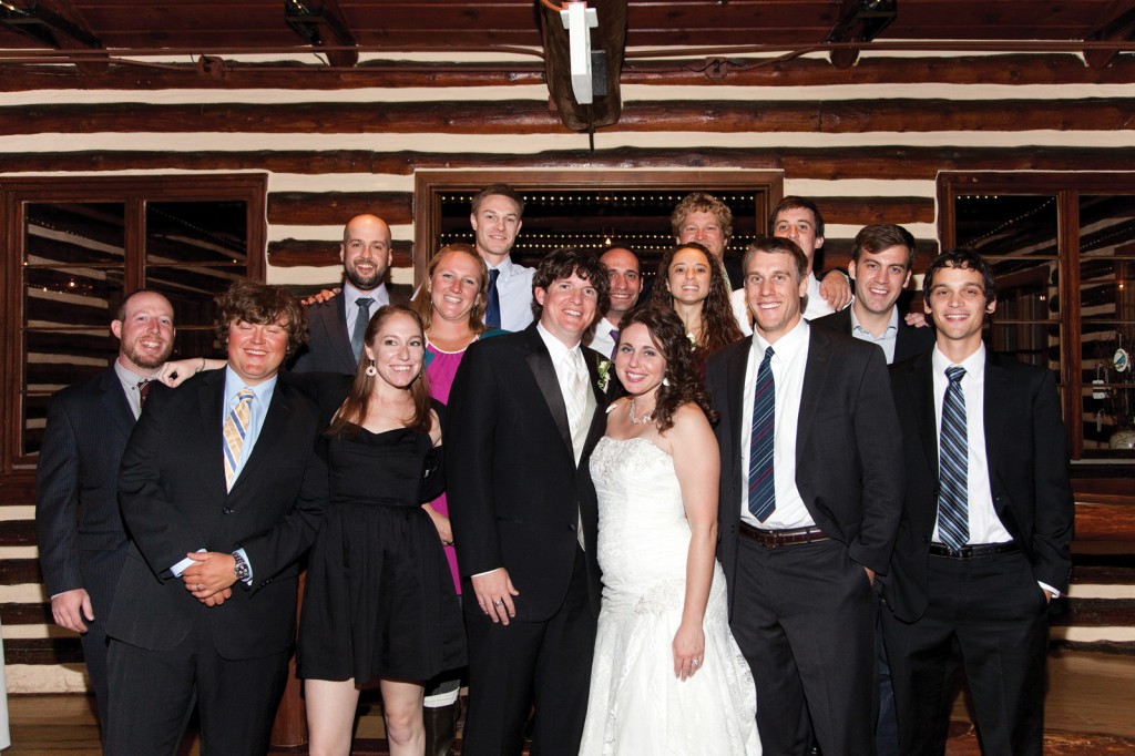 Samantha Tolve ’06 and Colin Holm ’06 married Oct. 19 in Littleton, Colo. They were joined by friends from the Class of 2006. Back row, from left: Coleman Hoyt, Matt Hollingsworth, Pete Kingston, and Spencer Abrahamson. Middle row, from left: Dave Mendel, Tessa Dawson, Andreas Neophytou, Lindsay Fox, and Matt Abbott. Front row, from left: Scott Yanco, Kate Drazner Hoyt, Colin Holm, Samantha Tolve, Putnam Pane, and Ben Chiquoine.