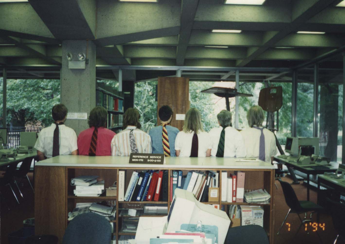 "Necktie" event at Tutt Library, 1994. Schooldesk in background.